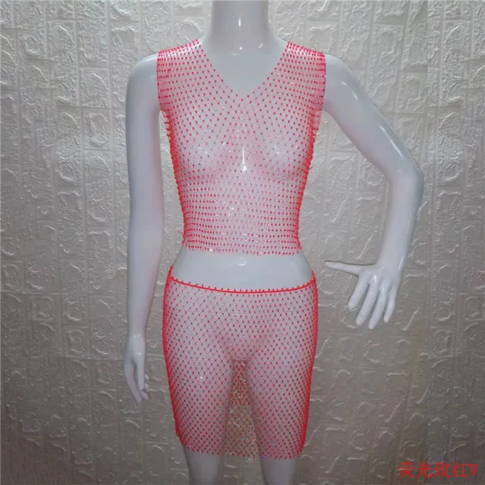 neon rose red V-neck Блестящие Кристальные Стразы, женская одежда, сетчатые Прозрачные топы, клетчатые сексуальные мини юбки, летний комплект из 2 предметов, Клубные, трендовые - Цвет: neon rose red V-neck