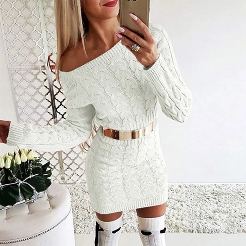 

High Waist Women's Dress Sexy Style New Mid Length Fluorescent Twist Off The Shoulder Fitted Waist Sweater Dress Without Belt