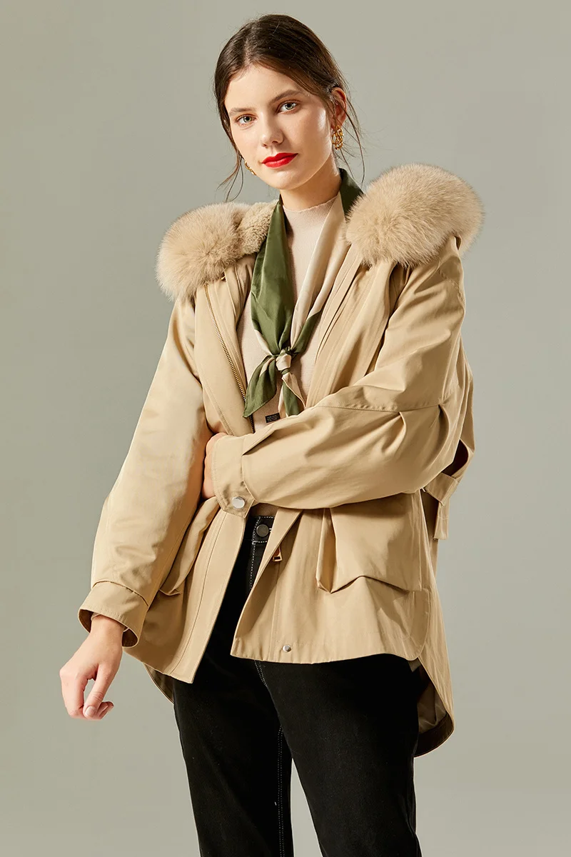 

New Short Rex Rabbit Fur Liner Detachable Fox Fur Collar Fur Women's Coat