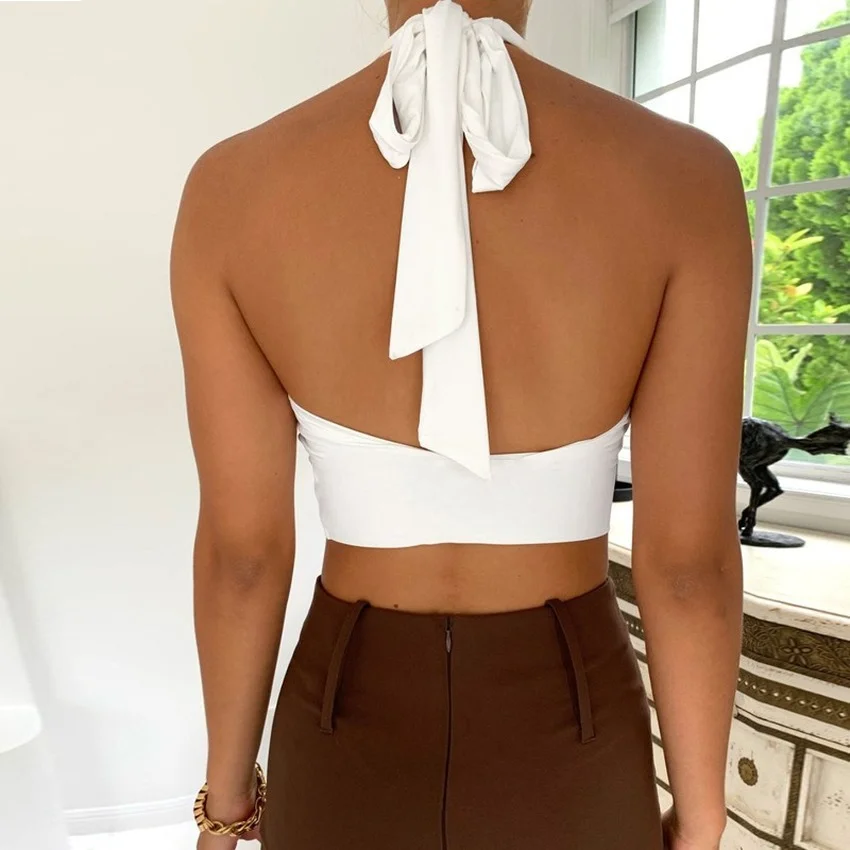 

Sexy New Trendy Summer Fashion Women Crop Top Sleeveless Hanging Neck Backless Tanks Solid Color Casual Camis Cross Strap Female