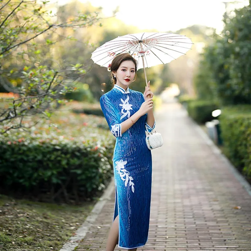 Синее бархатное платье-Ципао с блестками женское платье рукавом средней длины