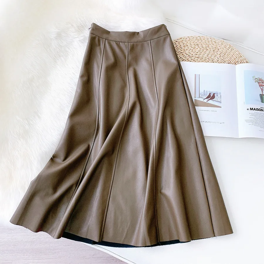 

Women Fashion PU Leather Skirt Mid-Calf Length A-line Solid High Street Skirts Designer High Waist Skirt For Women