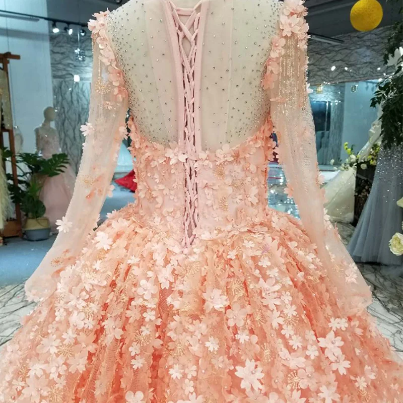 Розовые платья для девочек LSS197 с длинным тюлевым рукавом и круглым вырезом в пол