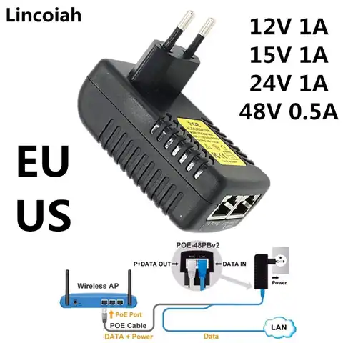 PoE источник питания 12 В 24 в 48 в 0.5A 1A 24 Вт POE инжектор Ethernet AC/DC адаптер для камеры видеонаблюдения телефон США ЕС настенная розетка