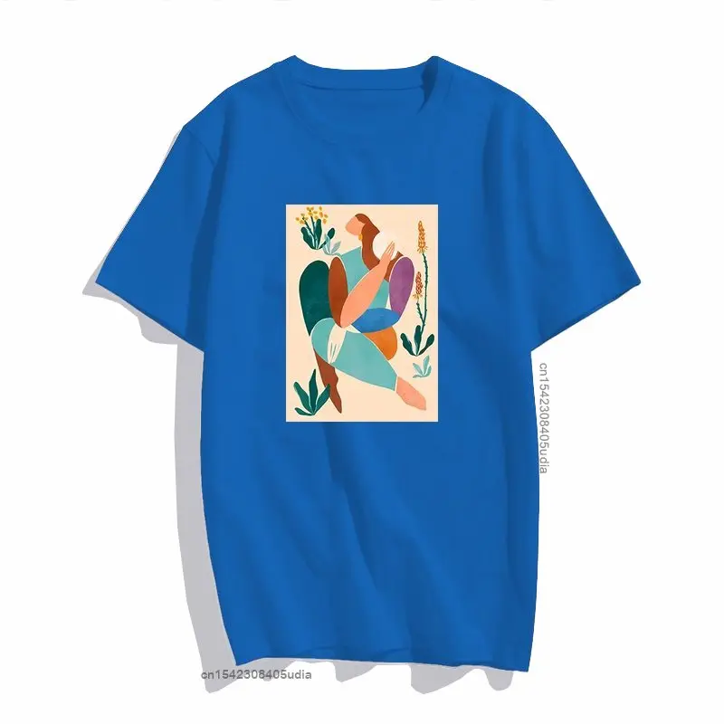 Abstract Art Woman With Green Plants T-Shirt Women Vintage Aesthetic 8 Colors Cotton Tee Shirt for Men Femme Summer Tops