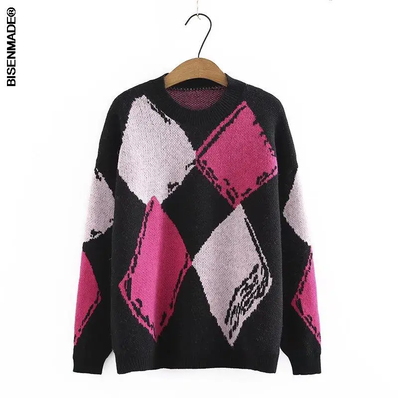 

Осень 2021, женский свитер, Оригинальная одежда, Зимний новый джемпер, милые вязаные пуловеры из крупной пряжи с рисунком ромбиками