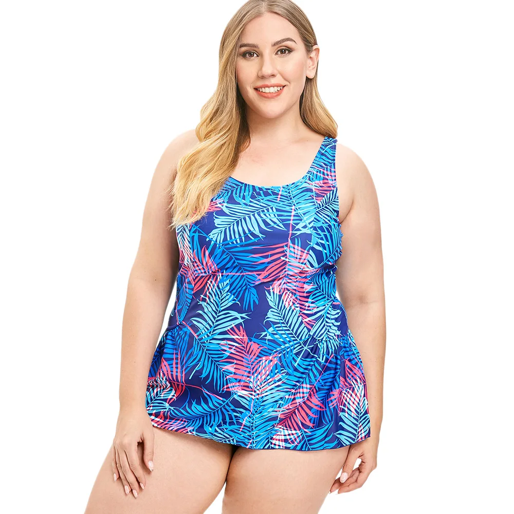 

Scoop Neck Leaf Print Plus Size Tankini Set