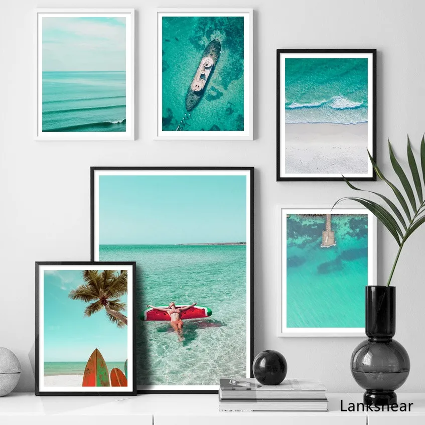 Морская волна пляж корабль девушка Пальма стена Художественная печать холст