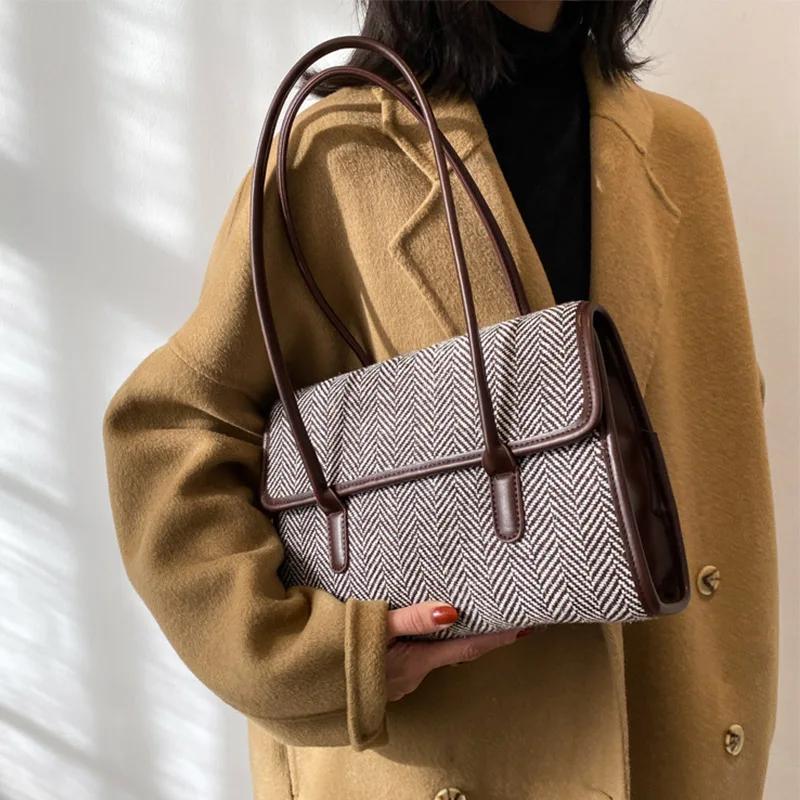 

Tweed High-Capacity 2021 New Tide Texture Handbag Women Fashion Simple Woolen Cloth Shoulder Underarm All-Match Ins Tote Bag