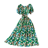2021 new summer women puff sleeve sashes slim long dress korean fashion chic sweet floral dress