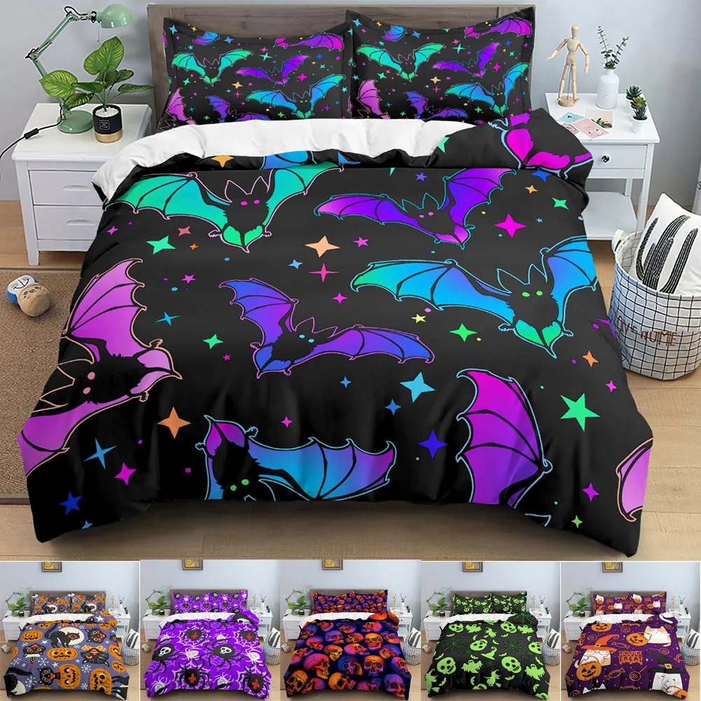 

3D Bedding Set Halloween Bats Duvet Cover Skull Polyester Comforter Cover Set Home Textiles Double Bed Duvets Kids Bedding