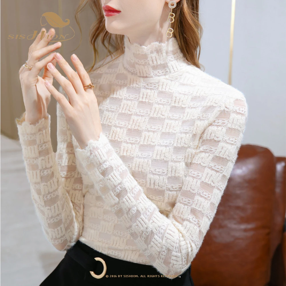 

Elegant Black Lace Tops VD2524 Women Autumn Long Sleeve Hollow Mesh Tops Apricot T Shirt