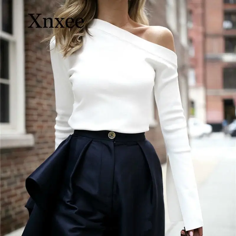 

Women T-shirt Fashion Autumn Slash Neck Casual Slim Tops T-Shirts Long Sleeve Women Clothes white cotton top autumn spring