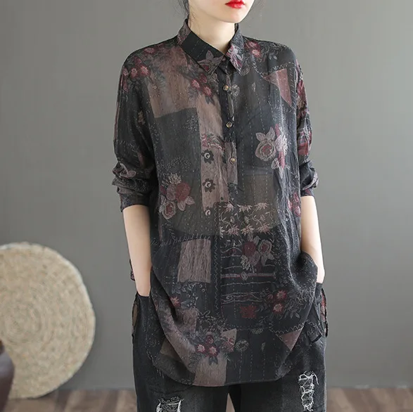 Рубашка женская льняная с длинным рукавом Свободный Топ в литературном стиле