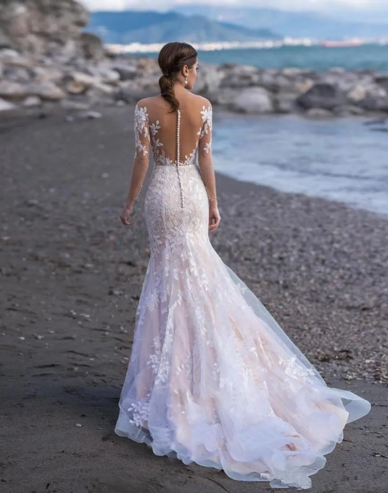 Vestido Novia белое свадебное платье русалки цвета слоновой кости с длинным рукавом и кружевной аппликацией Свадебные платья на заказ для невесты пляжные свадебные платья