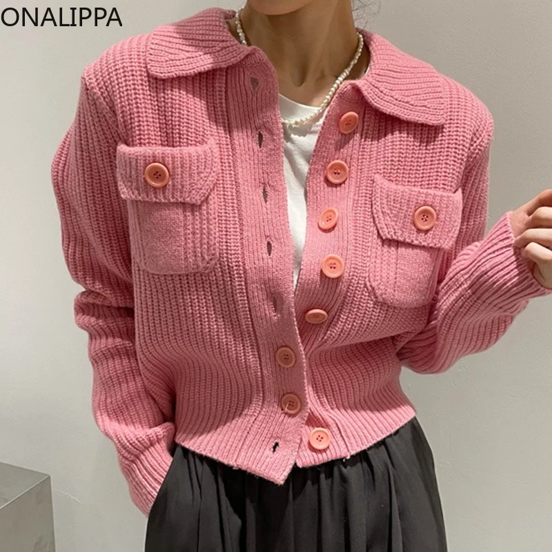 

ONALIPPA Solid Color Cardigan Women 2021 Autumn Korean Niche Retro Lapel Pit Strip Double Pocket Single-Breasted Knitted Sweater