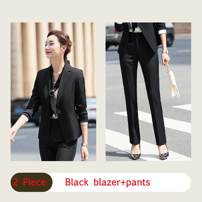 black blazer pants Осенне-зимний женский профессиональный костюм со штанами, Женская деловая рабочая одежда, офисный Блейзер, куртка, Униформа, черный, синий, наряд, плюс размер - Цвет: black blazer pants