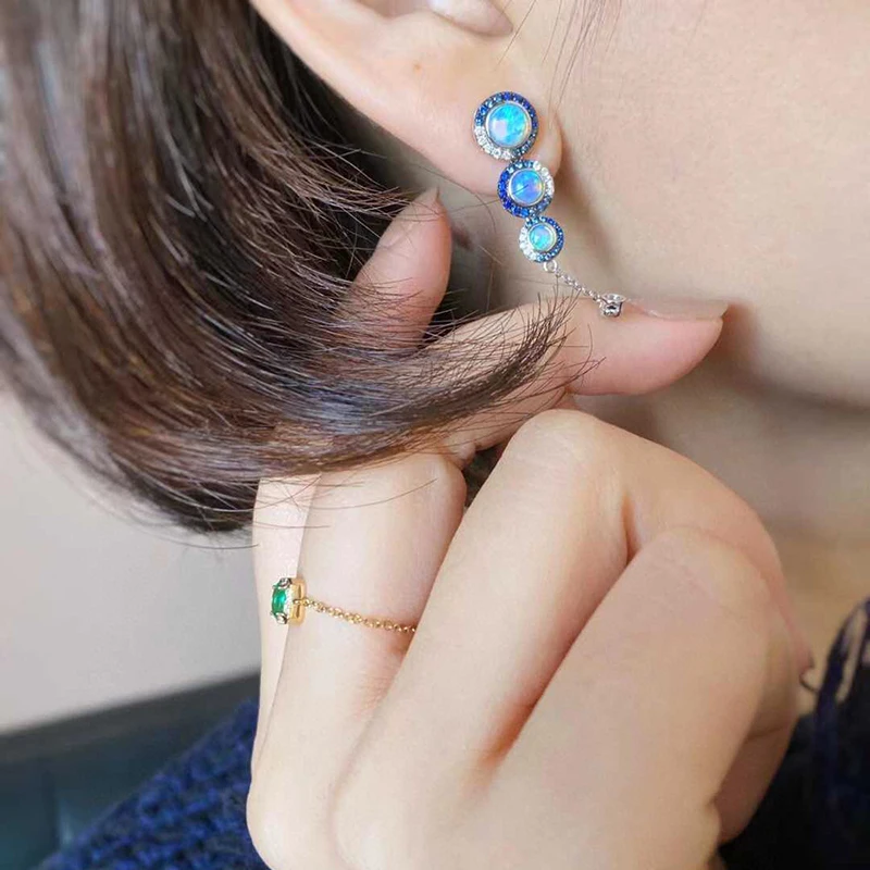

AINUOSHI 18K Gold Round Cut 1.8CTTW Natural Opal Real 0.6ct Sapphire 0.15ct Diamond Drop Earrings For Women Unique Jewelry