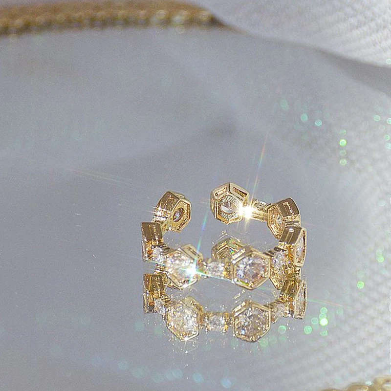 

Ins Hot Advanced 14k Real Gold Double-layer Hexagon Coin Rings for Women Adjustable Open Design Inlay High Quality AAA Zirconia