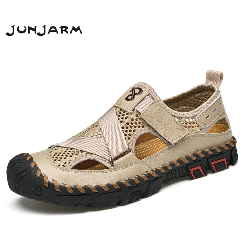 

JUNJARM New Men Sandals Fashion Summer Beach Sandals Breathable Mesh Casual Shoes Handmade Lightweight Loafers Big Size 38-46