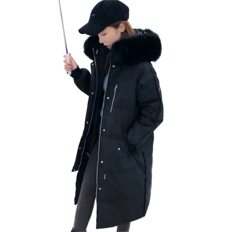 

2020 Autumn and Winter New Fashion Big Fur Collar Lengthened Thick Hooded Women's Down Jacket Raglan Sleeve Over The Knee Coat