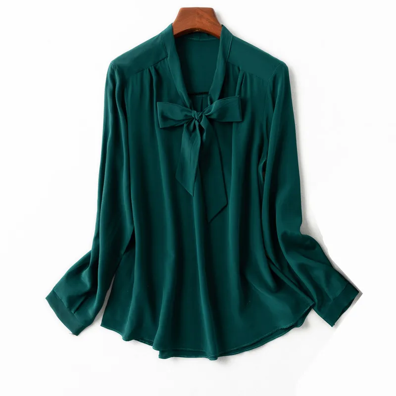 Блузка Женская Офисная из натурального шелка темно зеленая рубашка с длинным