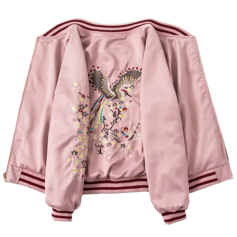 Бейсбольная куртка с вышивкой Феникс обеих сторон Короткая атласная на молнии