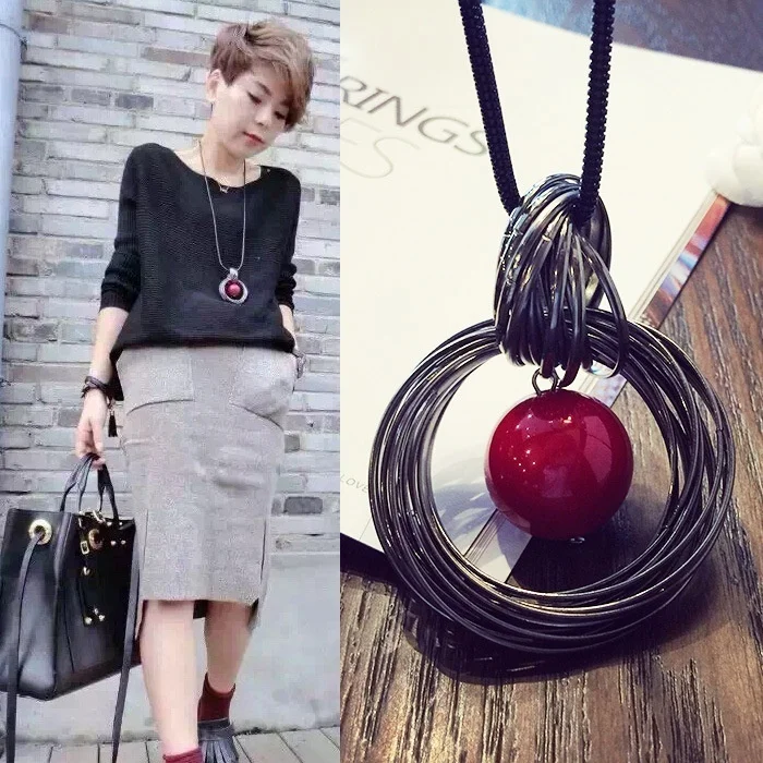 

Red White Pearl Ball Pendant Long Necklaces New Circles Simulated Women Black Chain Maxi Necklace Fashion Jewelry Wholesale Gift