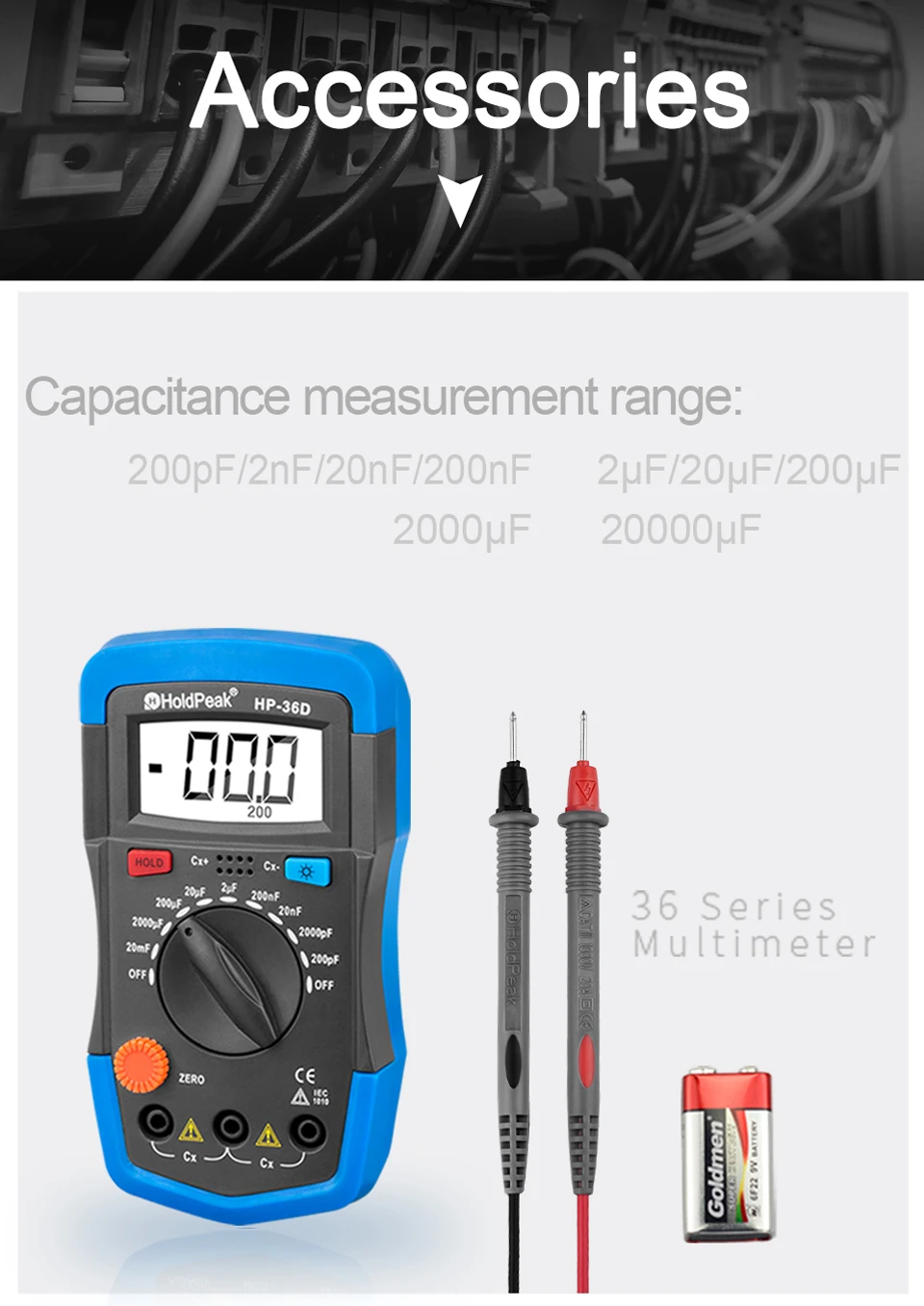 Holdпик HP-36D измеритель емкости ручной Capacimetro ручной 1999 отсчетов конденсатор Электронный ЖК-дисплей измеритель емкости мультиметр тестер