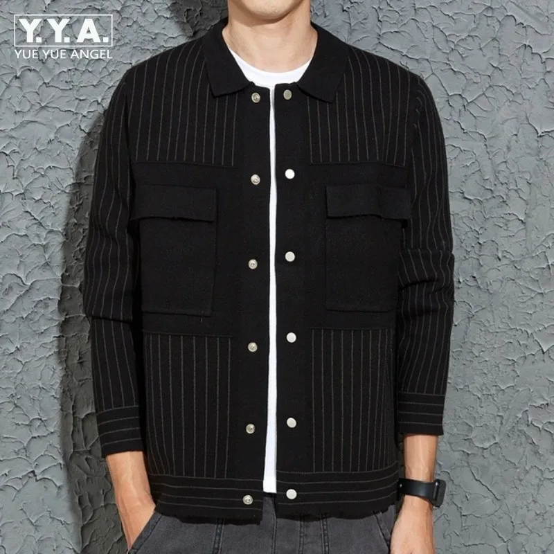 

Vintage Sweater Cardigan Men Round Neck Single-Breasted Striped Knitting Jacket Korean Slim Fit Black Outerwear Spring Autumn