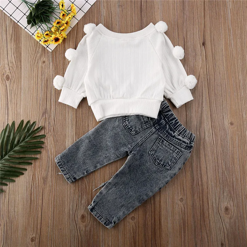 1-5Y Toddler Kids Girls Winter Long Sleeve Pom Hair Ball Knitted Sweater Tops Denim Hole Pants Baby Clothes Outfits 2Pcs Set | Мать и