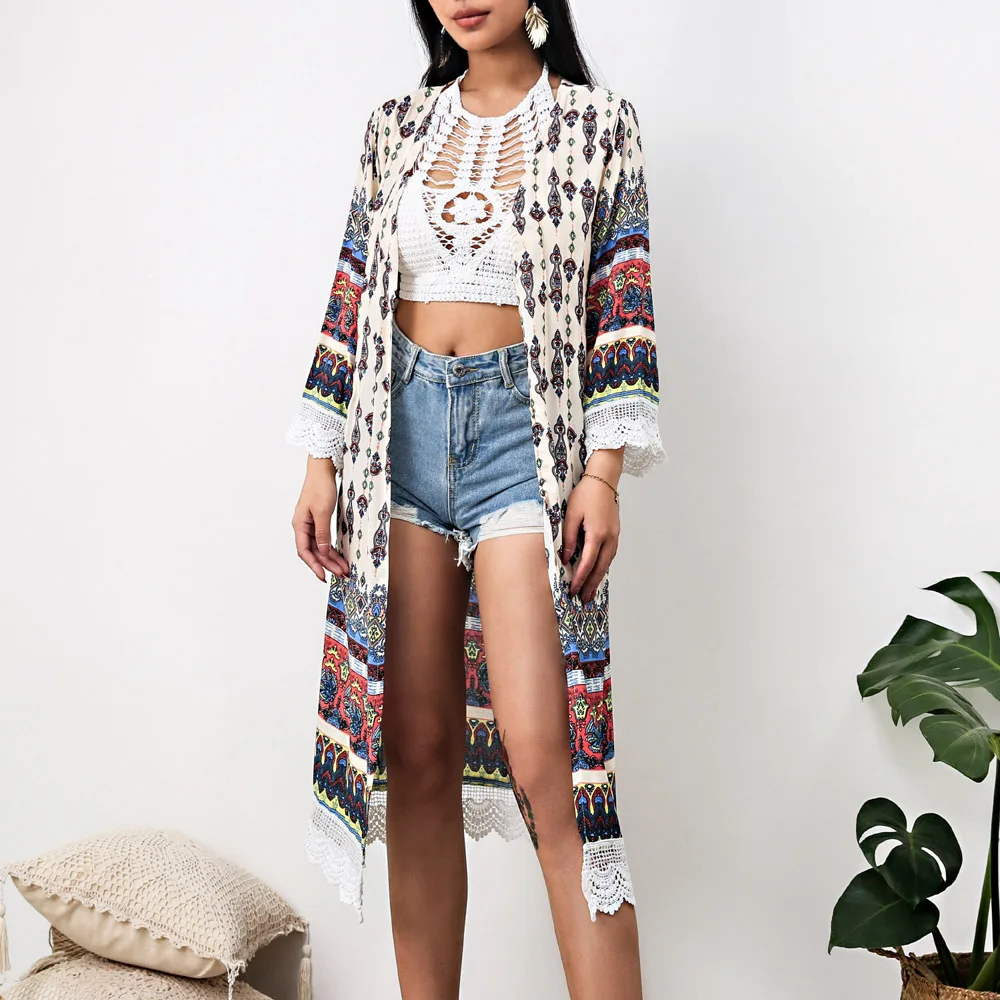 

Long Kimono Enthic Print Loose Cardigan Lace Splice Summer Coat Fashion Casual Beachwear Holiday Beach Blouse 2021 Dropshipping