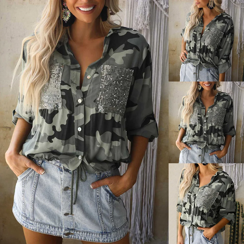 

Камуфляжная женская футболка с длинным рукавом и отложным воротником, женская блузка из полиэстера на пуговицах, блузки на весну/осень, руб...