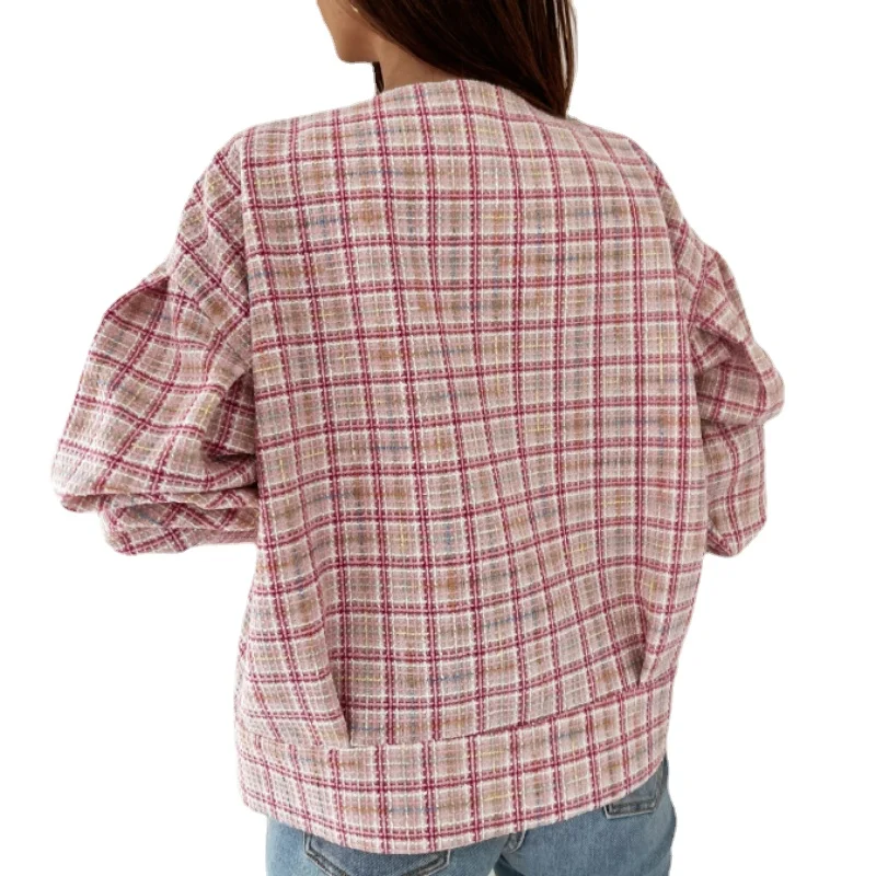 

Womens Clothing Pink Long-Sleeved Plaid Button Cropped Jacket Fall Plus Size Fashion Colorblock Harajuku Tweed Coat Streetwear