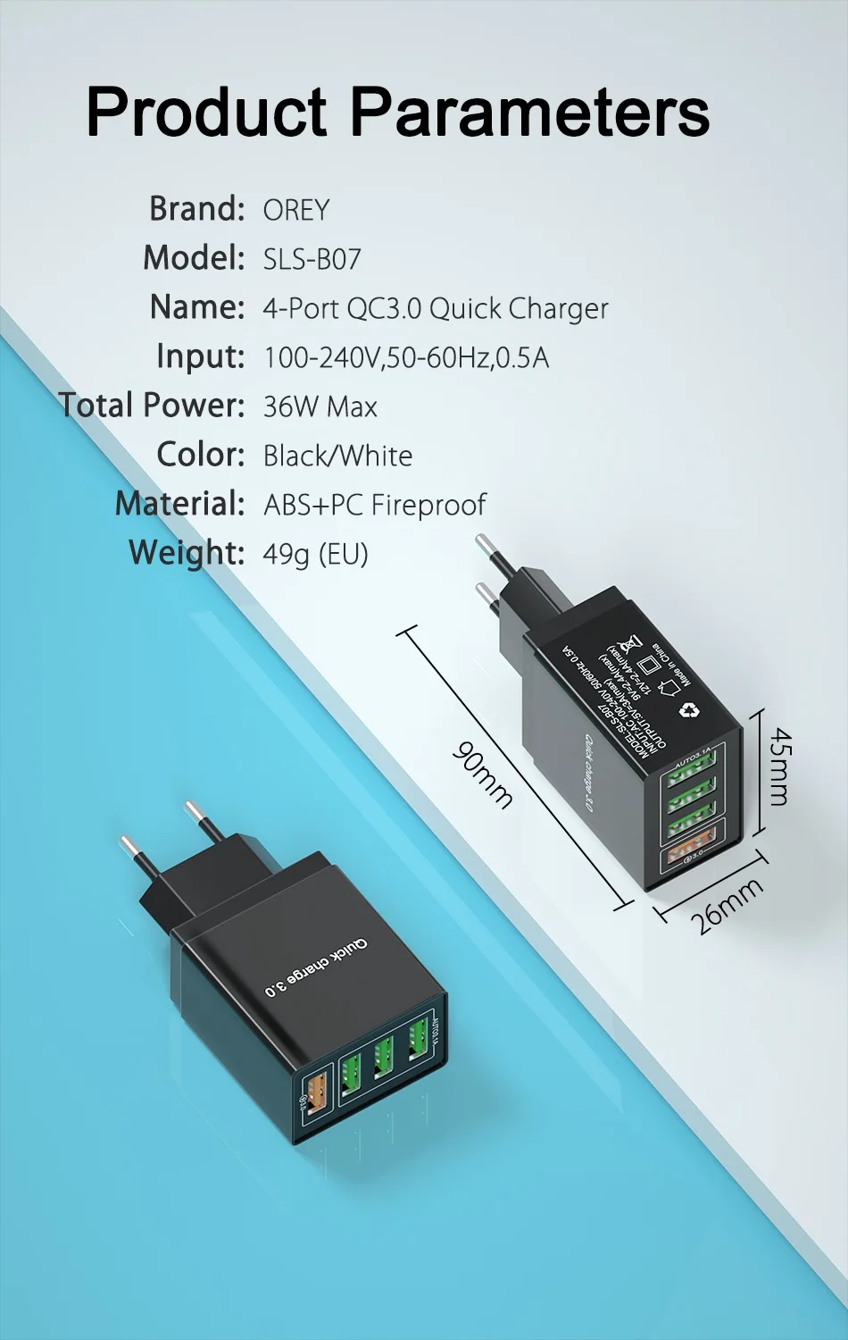 OREY 36 Вт QC 3,0 быстрое зарядное устройство, 4 порта USB зарядное устройство для samsung S10 Plus Quick Charge 3,0 зарядное устройство для Xiaomi Phone charger