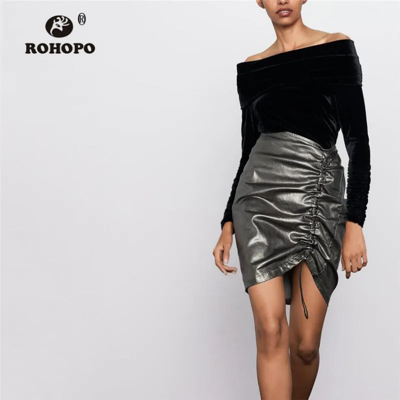 ROHOPO с открытыми плечами черный бархатный боди длинным рукавом драпированный