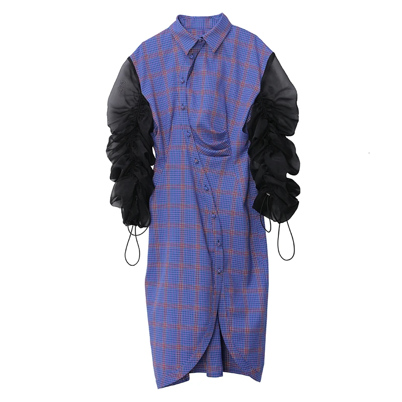 

TWOTWINSTYLE Asymmetrical Plaid Dress For Women Lapel Long Sleeve High Waist Patchwork Ruffle Hit Color Dresses Female Fashion