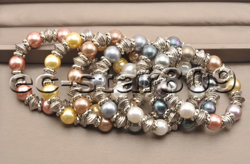 

P6563 wholesale 8" Stretch 12mm Round SOUTH SEA SHELL PEARL Bracelet