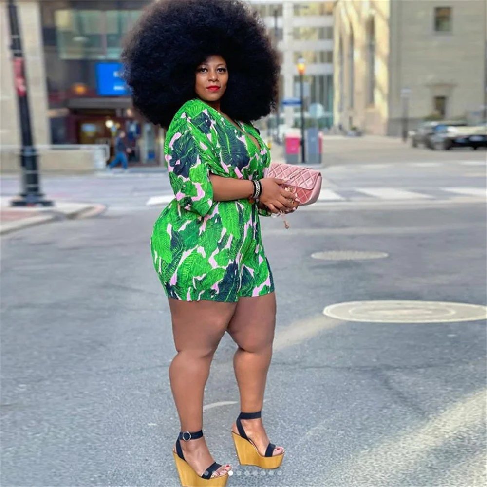 

Women Summer Clothing Short Sleeves Cardigan Collect Waist Print Plus Size Casual Jumpsuit Shorts 3xl 4xl Wholesale Dropshipping