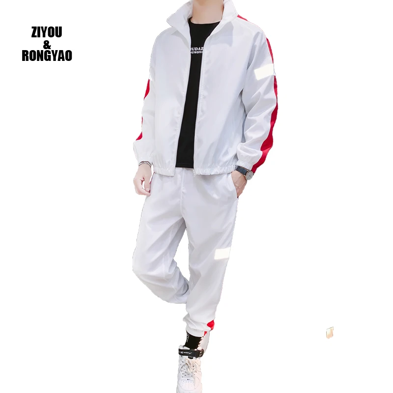 

Мужской светоотражающий костюм, осенний спортивный костюм на молнии с длинным рукавом и штанами, комплект для спортзала