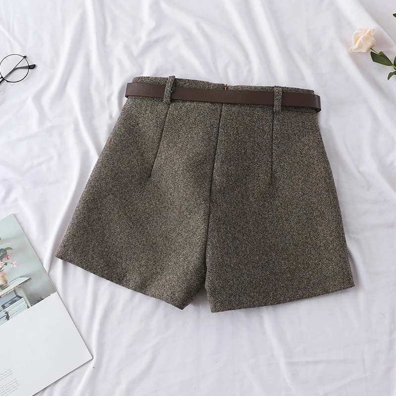 

Heliar Women Grey Woolen Shorts Highstreet Women High Waist Shorts with Belt Shorts Winter Sping Boots Shorts for Women