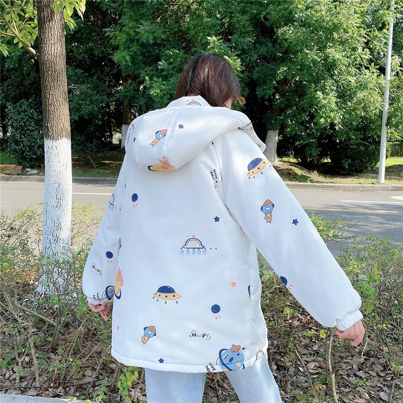 

HWLZLTZHT Winter Kawaii Cartoon Print Women Overcoat Cute Thicken Outerwear Warm Long Coats Girl Hooded Parka Padded Jacket