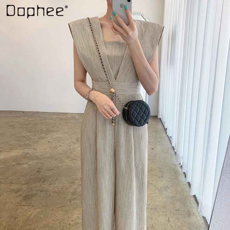 

Женский однотонный комбинезон без рукавов, повседневный Облегающий комбинезон в стиле ретро с квадратным воротником и широкими штанинами, ...