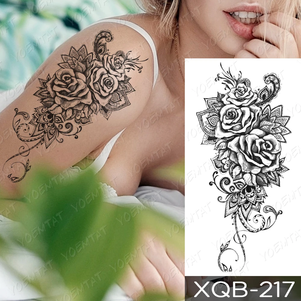 

Waterproof Temporary Tattoo Sticker Line Rose Peony Lily Lotus Tattoos Plum Blossom Body Art Arm Fake Sleeve Tatoo Women Men