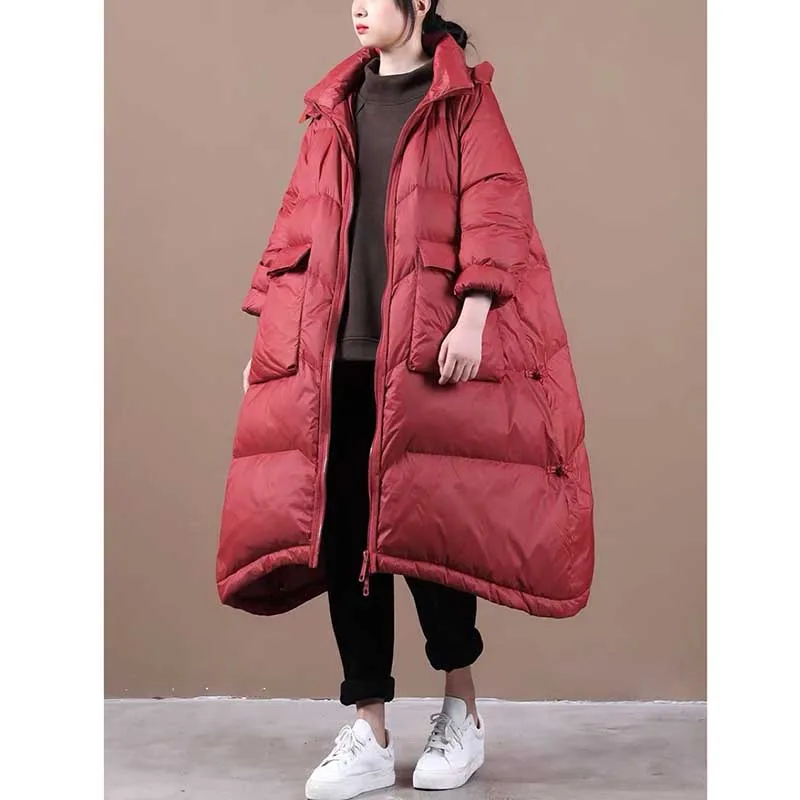 

women's casual big hem solid color oversized coat pocket stand collar duck down jacket with detachable hat puffer coat