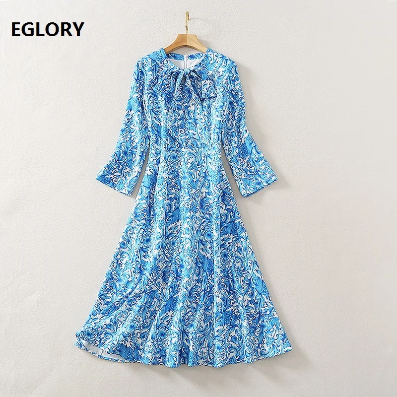 

Newest Fashion Spring Summer Dress 2021 High Quality Women Bow Deco Vintage Porcelain Print Mid-Calf Length Party Casual Dress