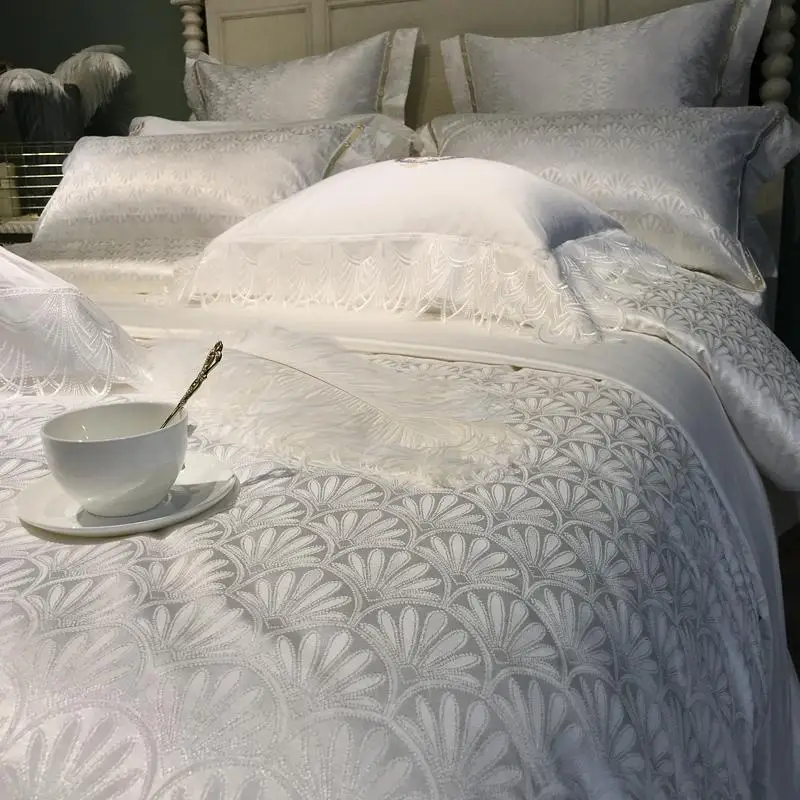 

40Egyptian Cotton Beige White Luxury Bedding Set Jacquard King Queen size Bed set Duvet Cover Bed Sheet set Bedlinen Pillowcase