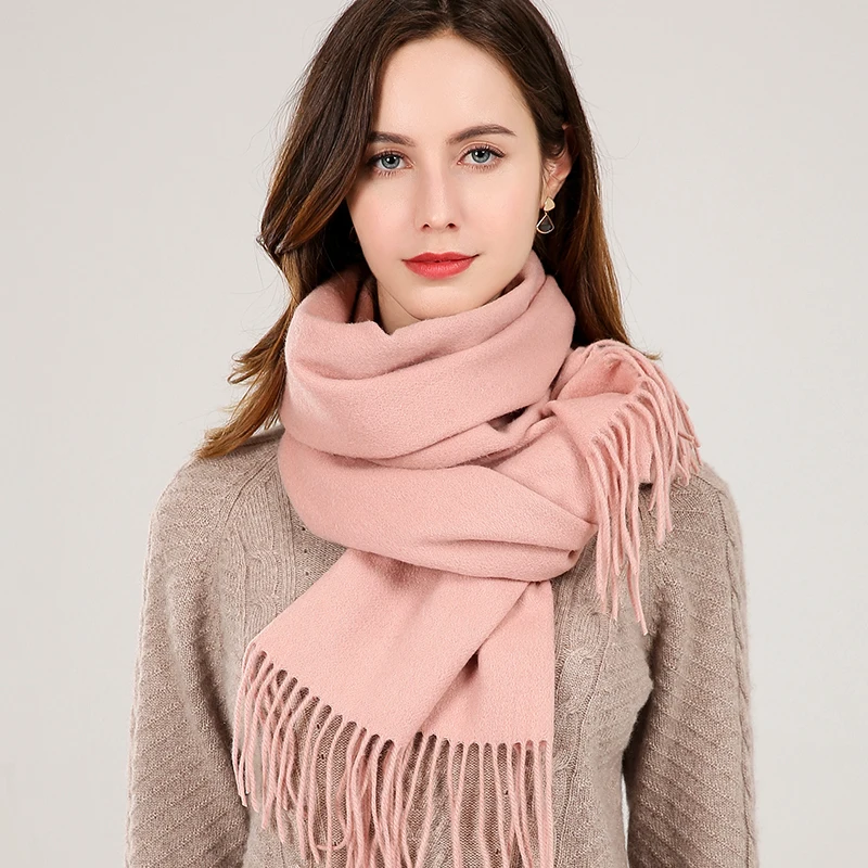 Женский шарф из 100% чистой шерсти зимний кашемировый для девушек однотонный с