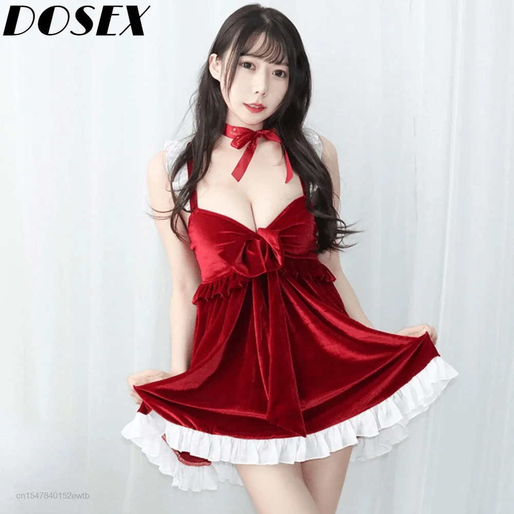 

Рождественское кружевное нижнее белье, сексуальные пижамные платья, одежда для сна, женская ночная рубашка на бретелях с глубоким V-образны...