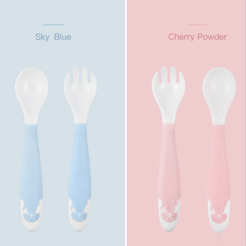 

Solid Color Baby Spoon And Fork Set Made Of Safe And Non Polluting Materials Ergonomic Wide Handle Design For Easy Grip